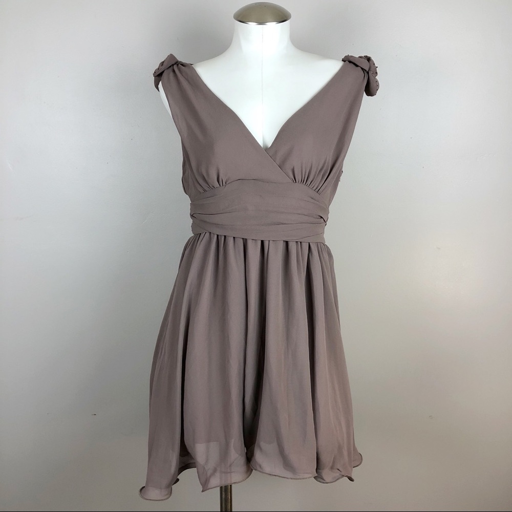 Kali Taupe Dress with Beaded Shoulder Rosettes